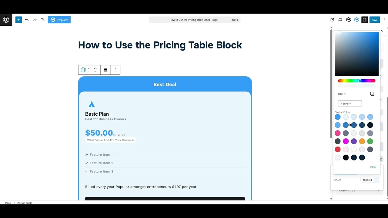 Pricing table extra section video