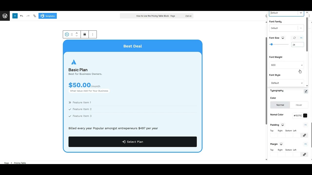 Pricing table style section video